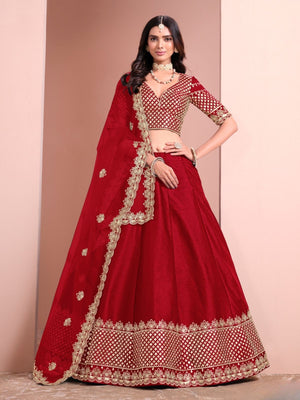 Rajwada Red Art Silk Embellished Semi-Stitched lehenga For Women