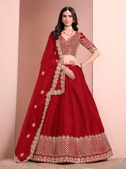 Rajwada Red Art Silk Embellished Semi-Stitched lehenga For Women