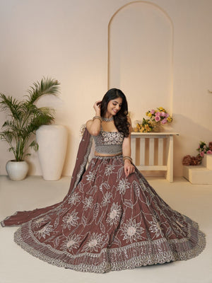 Rajwada Brown Silk Blend Embroidered Semi-Stitched Lehenga For Women