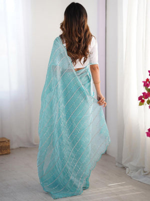 Rajwada Sky Blue Chiffon Embellished Solid Saree For Women