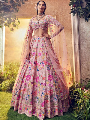 Rajwada Pink Georgette Embroidered Semi Stitched Lehenga For Women