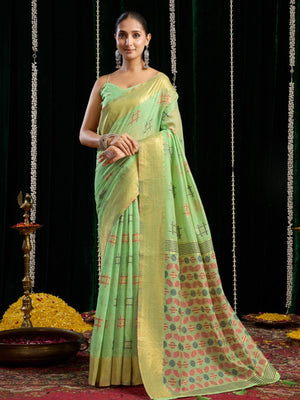Rajwada Light Green Cotton Blend Solid Saree For Women
