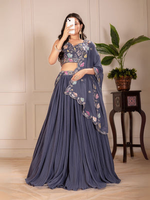 Rajwada Grey Georgette Embroidered Semi-Stitched lehenga For Women