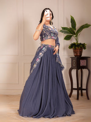 Rajwada Grey Georgette Embroidered Semi-Stitched lehenga For Women