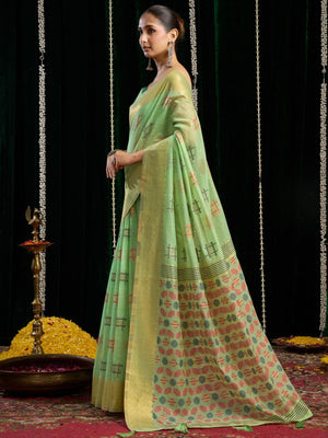 Rajwada Light Green Cotton Blend Solid Saree For Women