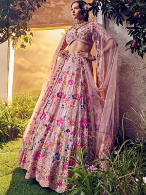 Rajwada Pink Georgette Embroidered Semi Stitched Lehenga For Women