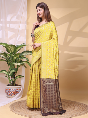 Rajwada Yellow Silk Blend Woven Saree For Women