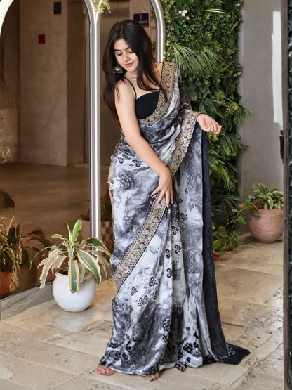 Rajwada Black Georgette Solid Printed Saree For Women