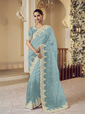 Rajwada Sea Green Organza Embellished Elegant Saree For Women