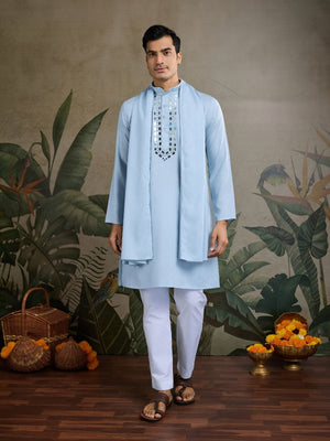 Rajwada Sky Blue Viscose Silk Embellished Stitched Kurta For Men