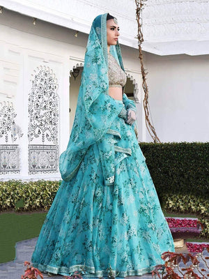 Rajwada Sky Blue Organza Printed Semi-Stitched lehenga For Women