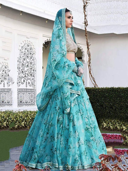 Rajwada Sky Blue Organza Printed Semi-Stitched lehenga For Women