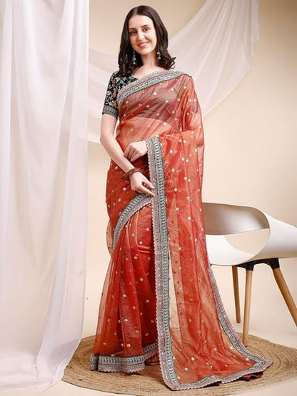 Rajwada Deep Red Organza Embellished Solid Saree For Women