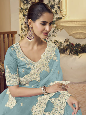 Rajwada Sea Green Organza Embellished Elegant Saree For Women