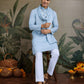 Rajwada Sky Blue Viscose Silk Embellished Stitched Kurta For Men