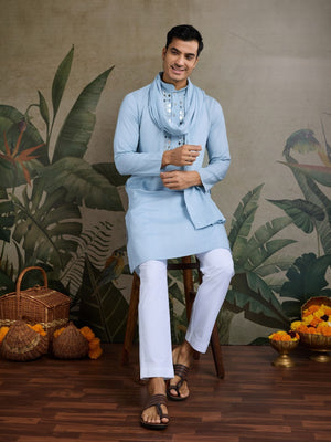 Rajwada Sky Blue Viscose Silk Embellished Stitched Kurta For Men