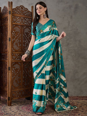 Rajwada Sky Blue And White Silk Blend Printed Elegant Saree For Women