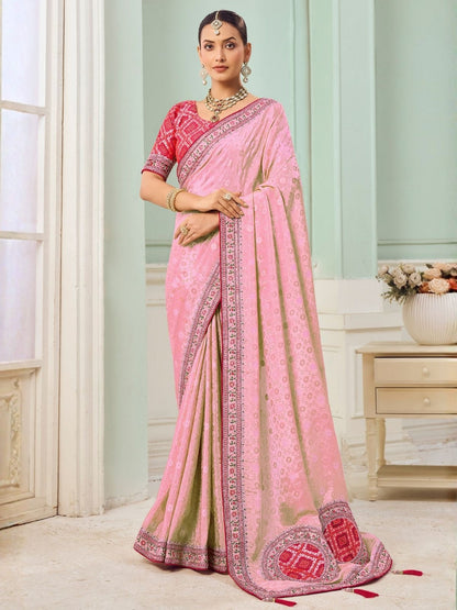 Rajwada Light Pink Viscose Embroidered Saree For Women