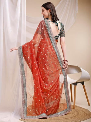 Rajwada Deep Red Organza Embellished Solid Saree For Women