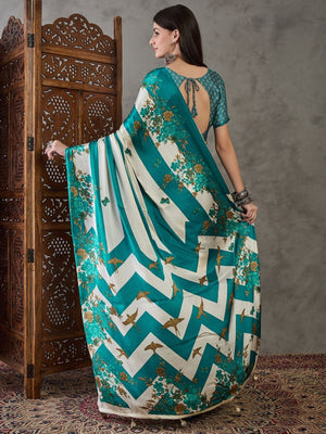 Rajwada Sky Blue And White Silk Blend Printed Elegant Saree For Women