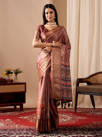 Rajwada Brown Silk Blend Printed Saree For Women