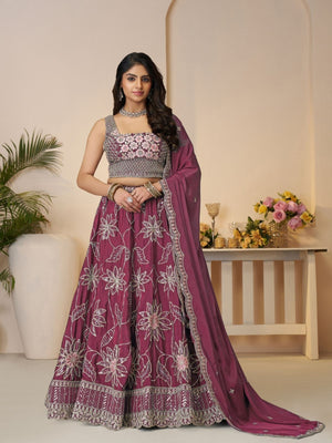 Rajwada Dark Magenta Silk Blend Embroidered Semi-Stitched Lehenga For Women