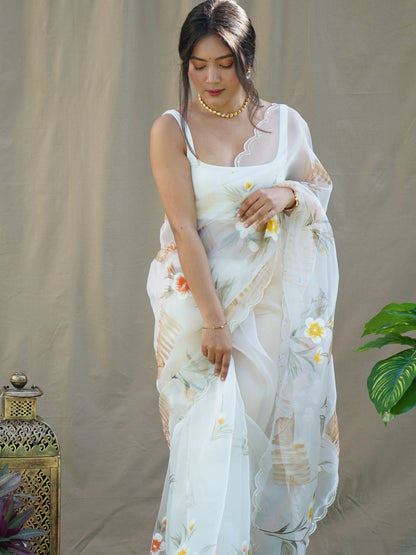 Rajwada Off White Organza Printed Saree With Unstitched Blouse For Women