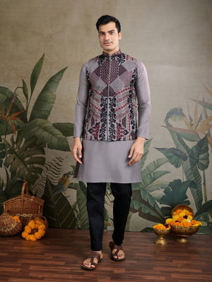 Rajwada Grey Viscose Silk Embroidered Stitched Kurta For Men