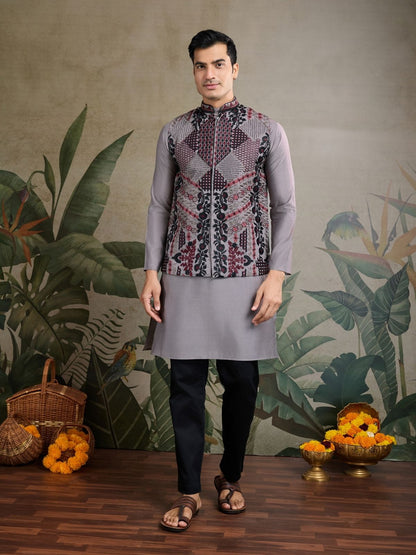 Rajwada Grey Viscose Silk Embroidered Stitched Kurta For Men