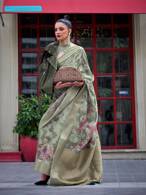 Rajwada Green Poly Brasso Woven Saree With Unstitched Blouse For Women