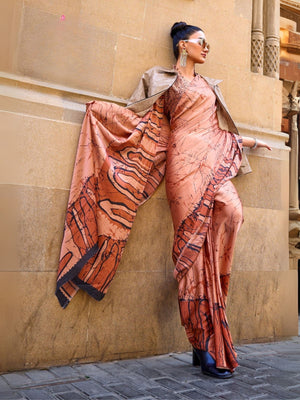 Rajwada Peach Satin Printed Saree With Unstitched Blouse For Women