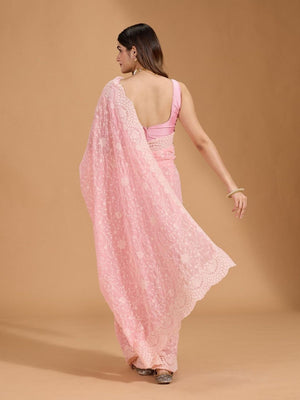 Rajwada Light Pink Georgette Embroidered Solid Saree For Women