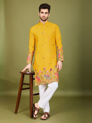 Rajwada Yellow Cotton Embroidered Stitched Kurta For Men