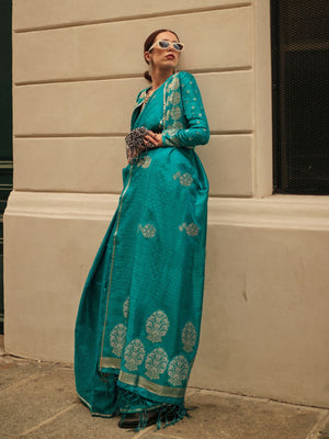 Rajwada Green Satin Woven Saree With Unstitched Blouse For Women
