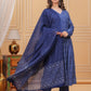 Rajwada Navy Blue Rayon Printed Stitched Kurta Set For Women