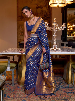 Rajwada Navy Blue Silk Blend Woven Saree With Unstitched Blouse for Women