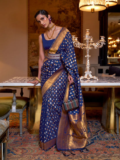 Rajwada Navy Blue Silk Blend Woven Saree With Unstitched Blouse for Women