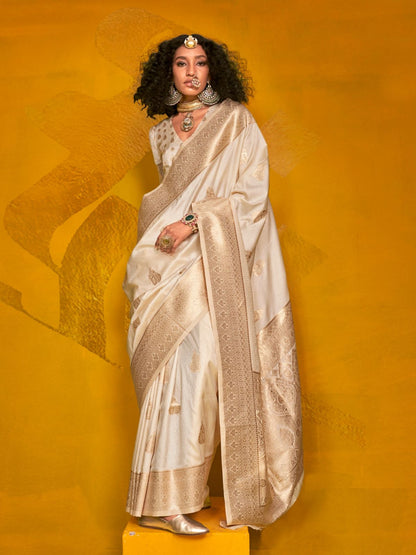 Rajwada Off White Silk Blend Woven Saree With Unstitched Blouse For Women