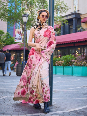 Rajwada Pink Silk Blend Printed Saree With Unstitched Blouse For Women