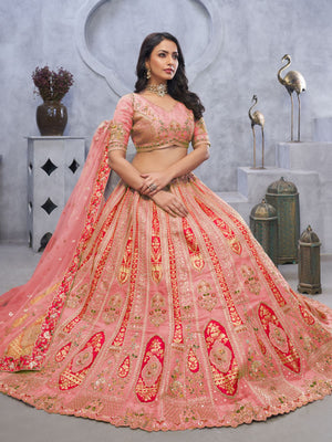 Rajwada Pink Organza Embellished Semi-Stitched Lehenga With Unstitched Blouse For Women
