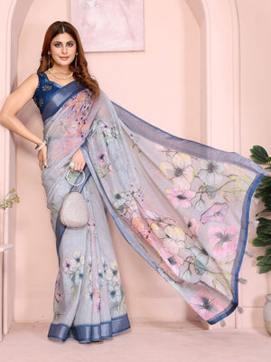 Rajwada Sky Blue Cotton Linen Printed Saree For Women