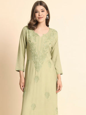 Rajwada Pista Green Rayon Embroidered Kurti For Women