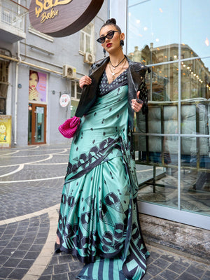 Rajwada Green Satin Printed Saree With Unstitched Blouse For Women