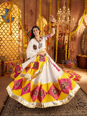 Rajwada Multicolor Viscose Cotton Embroidered Semi-Stitched lehenga With Patch Work And Stunning Tassels For Women