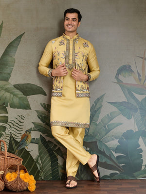 Rajwada Yellow Viscose Silk Embroidered Stitched Kurta Set For Men