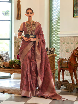 Rajwada Brown Organza Woven Saree With Unstitched Blouse for Women