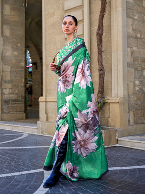 Rajwada Green Satin Printed Saree With Unstitched Blouse For Women