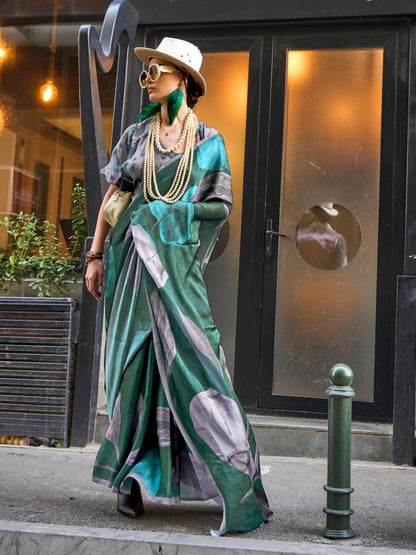 Rajwada Dark Green Georgette Printed Saree With Unstitched Blouse For Women