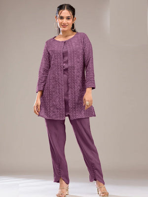 Rajwada Purple Poly Crepe Solid Semi Stitched Kurta Set For Women