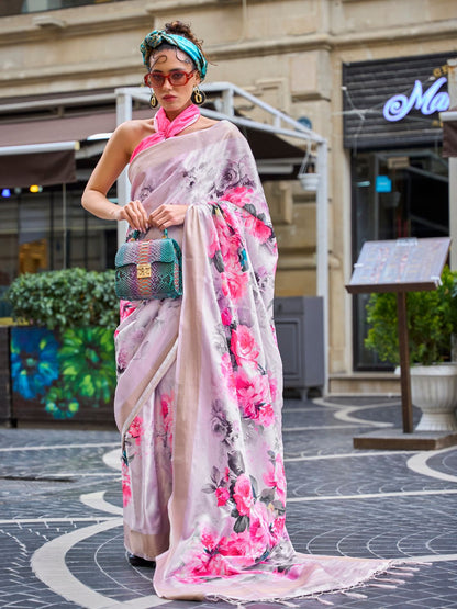 Rajwada Light Pink Silk Blend Printed Saree With Unstitched Blouse For Women
